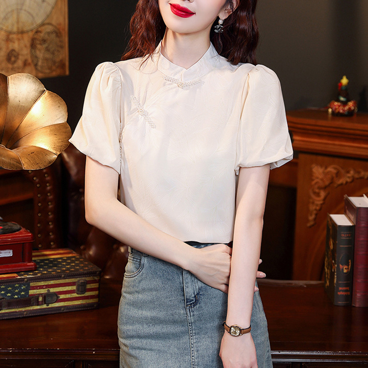 國風新中式立領盤扣洋氣泡泡袖襯衫短袖