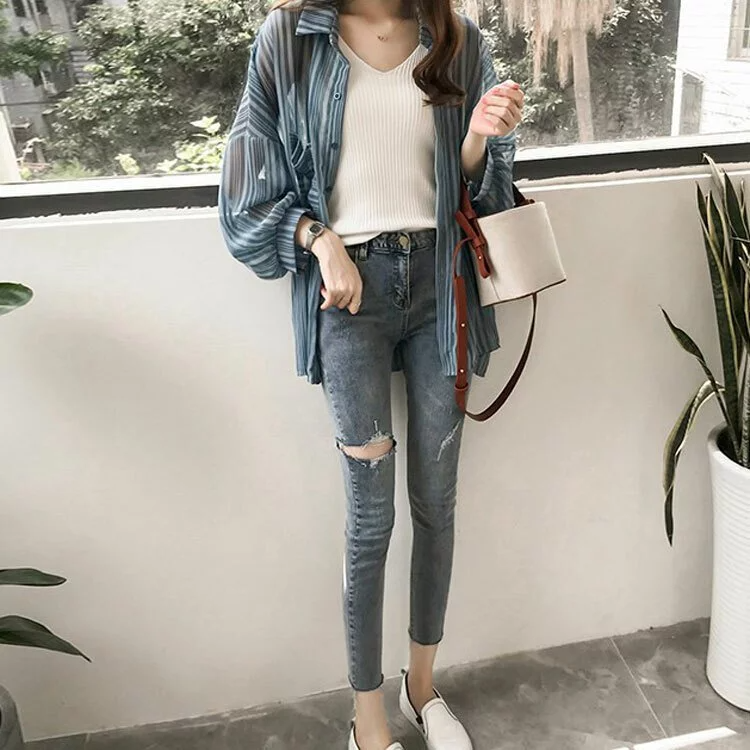 清涼飄逸感燈籠袖雪紡襯衫防曬衫（三色可選）