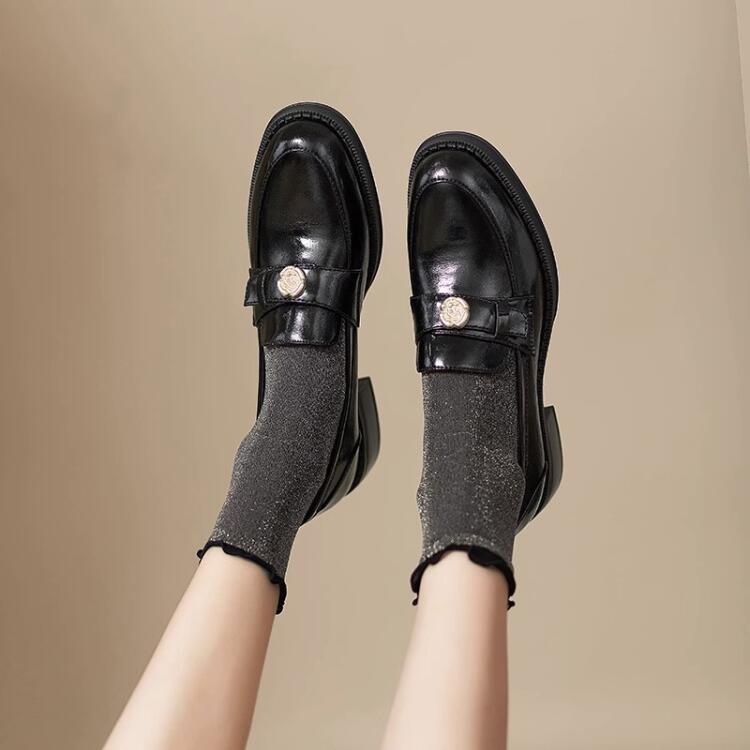 法式復古英倫山茶花軟皮小皮鞋