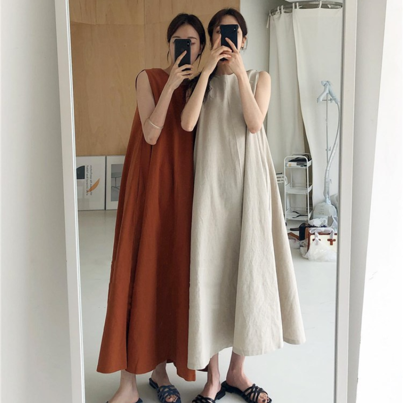 寬鬆棉麻無袖長款過膝連衣裙