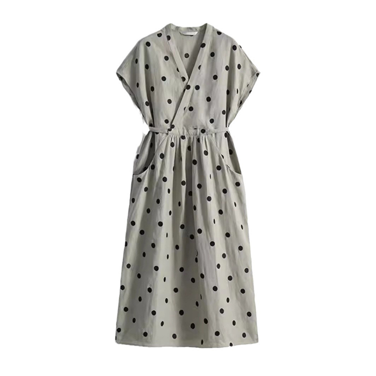 日系藝術復古刺繡波點輕盈感亞麻連身裙