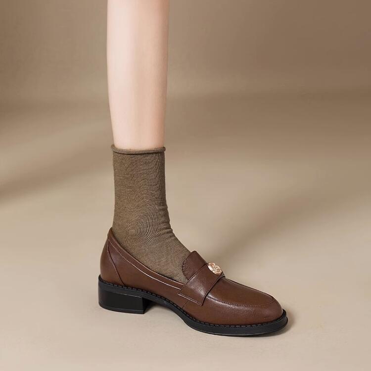 法式復古英倫山茶花軟皮小皮鞋