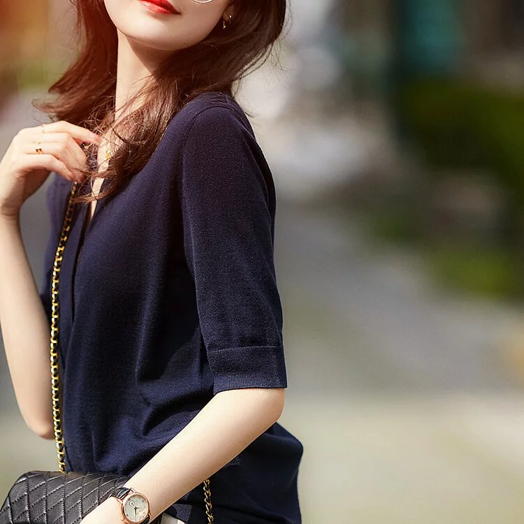 優雅鈕扣V領素色針織短袖
