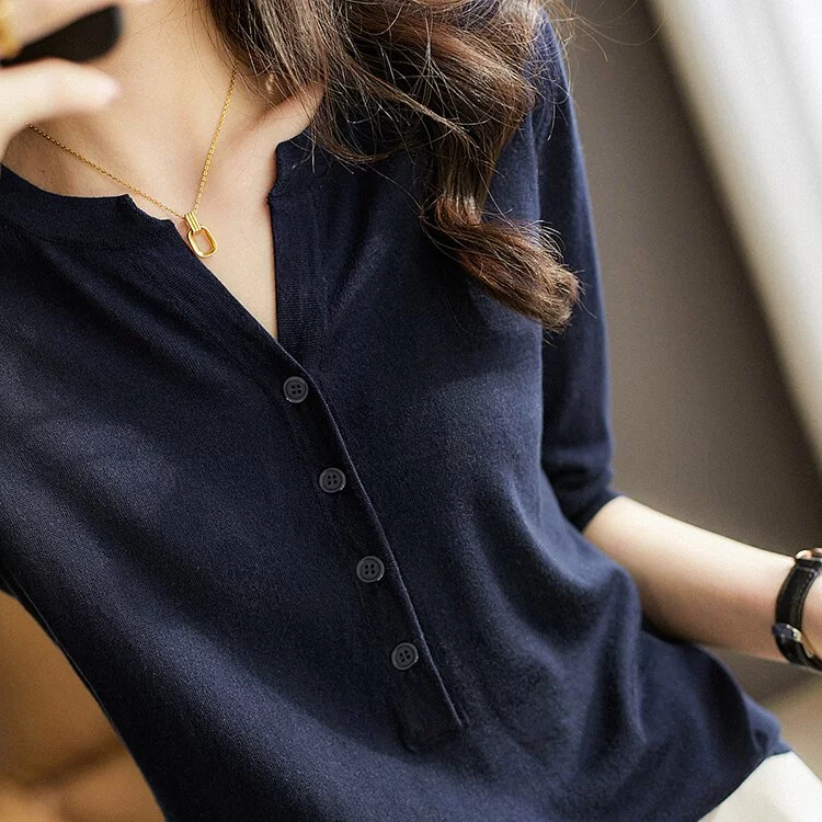 優雅鈕扣V領素色針織短袖