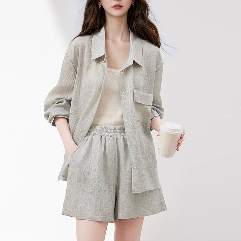 時尚減齡天絲襯衫短褲防曬三件套