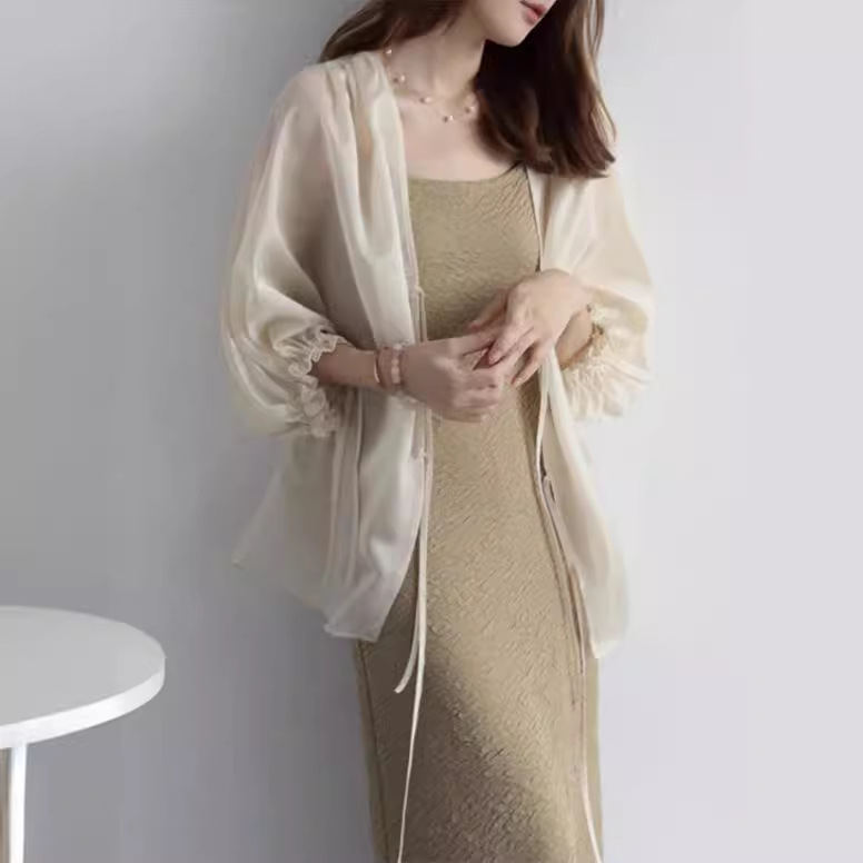 天絲輕薄繫帶開襟衫防曬外套百搭雪紡燈籠袖襯衣