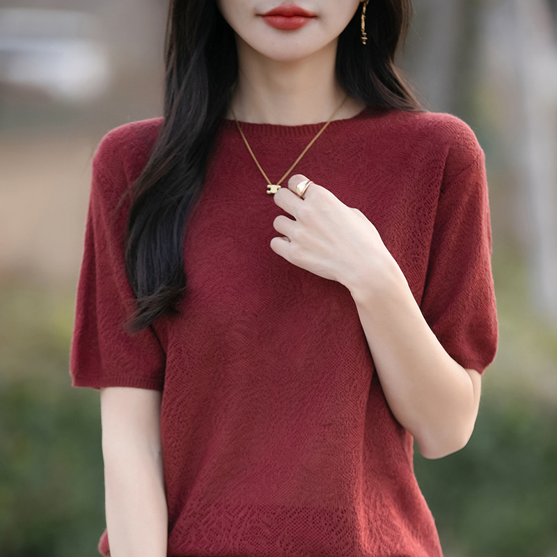 百搭套頭氣質鏤空鈎花打底針織短袖