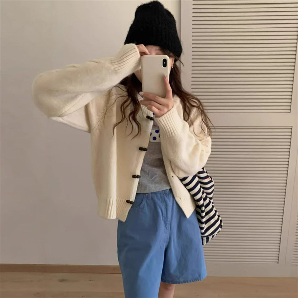 韓系百搭休閒圓領氣質針織開襟衫牛角扣毛衣