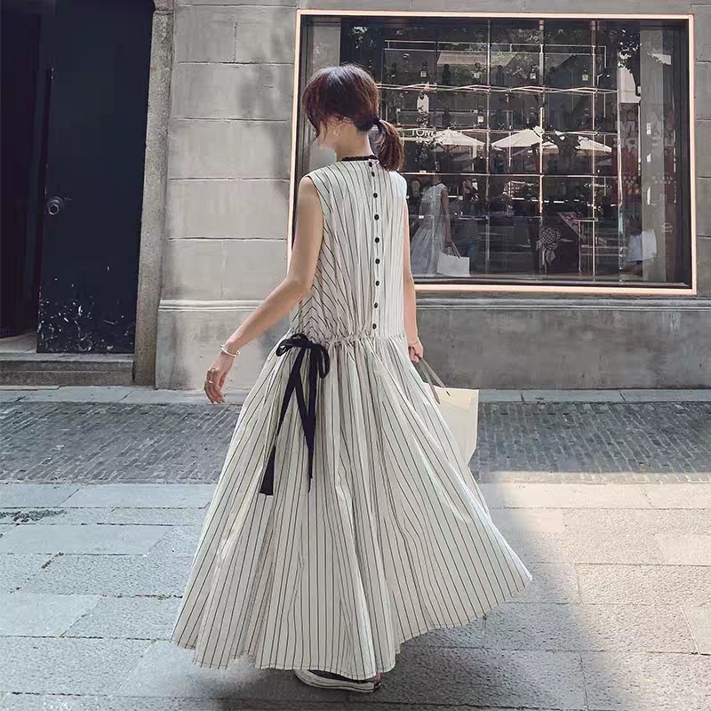 赫本風法式顯瘦繫帶長款連身裙