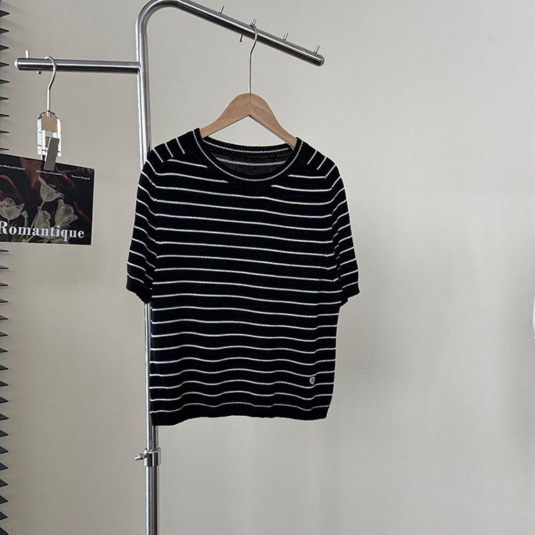 韓系簡約圓領純色條紋短袖針織衫