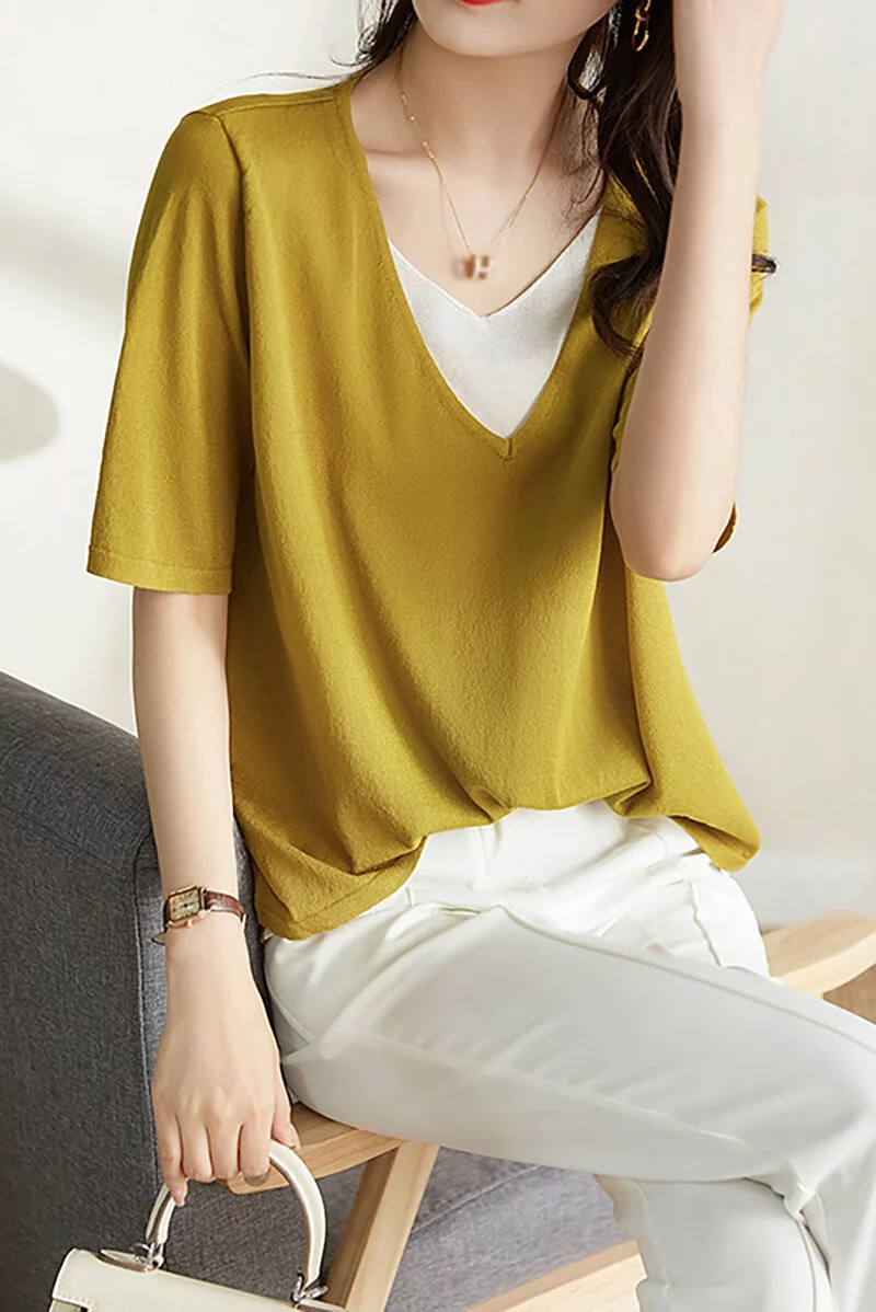 簡約風格V領薄款百搭假兩件針織T卹（5色可選）