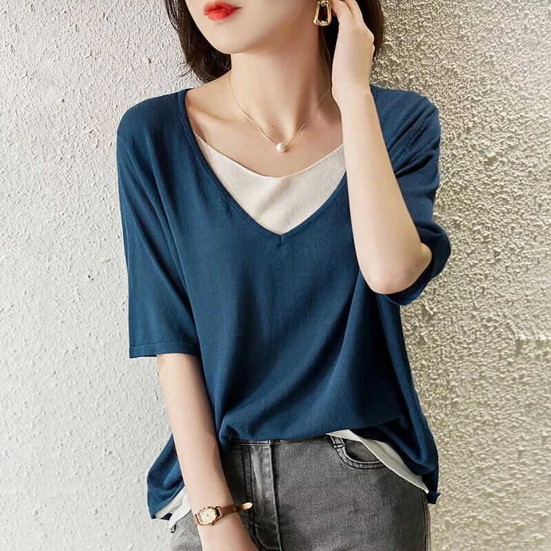 簡約風格V領薄款百搭假兩件針織T卹（5色可選）