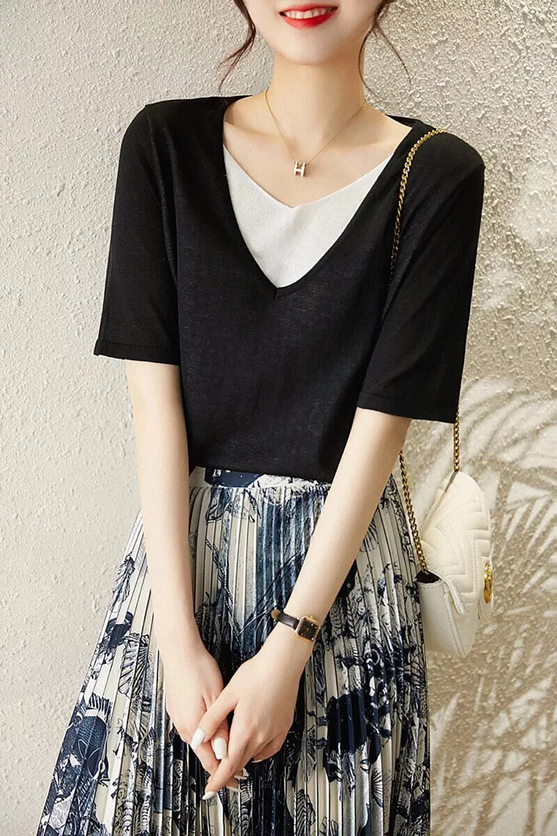 簡約風格V領薄款百搭假兩件針織T卹（5色可選）