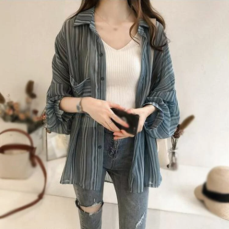 清涼飄逸感燈籠袖雪紡襯衫防曬衫（三色可選）