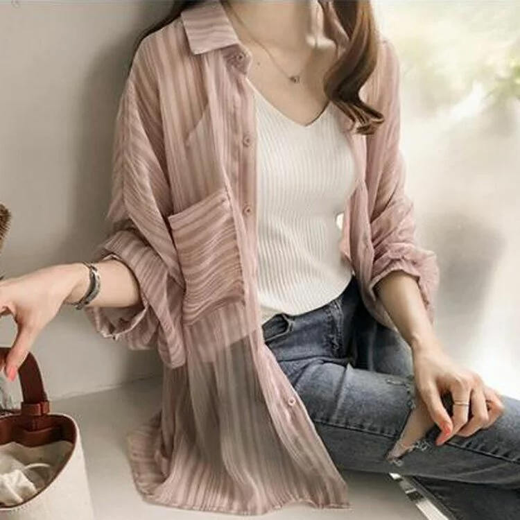 清涼飄逸感燈籠袖雪紡襯衫防曬衫（三色可選）