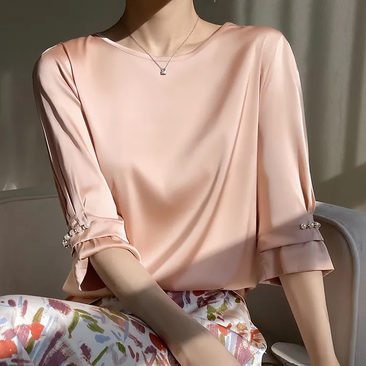 珍珠袖裝飾絲滑緞面五分袖T恤(5色)