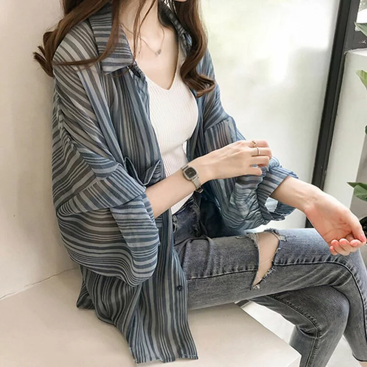 清涼飄逸感燈籠袖雪紡襯衫防曬衫（三色可選）