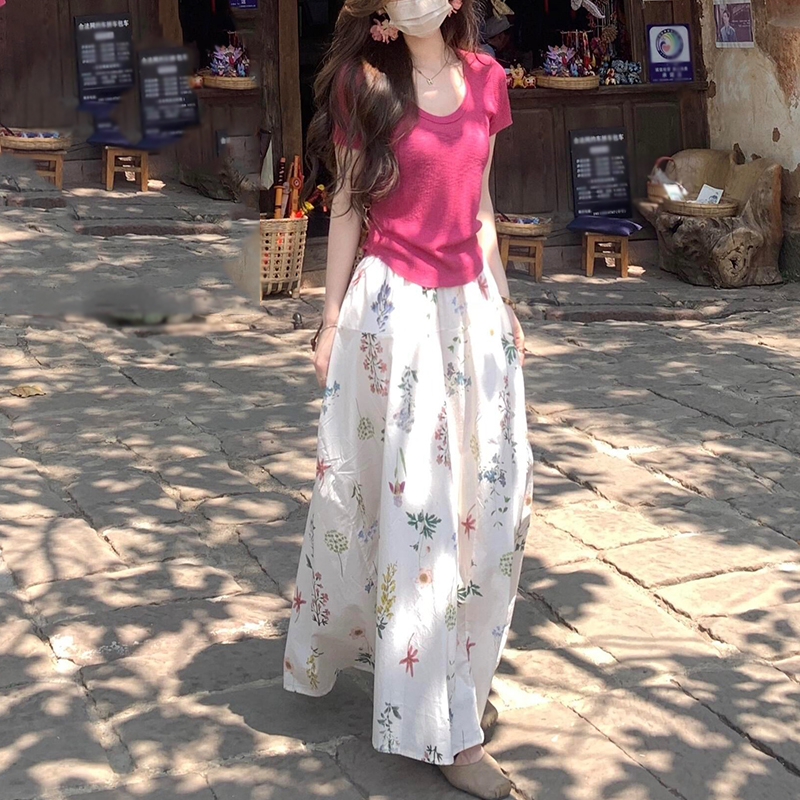 氣質溫柔風玫紅色上衣+半身裙兩件套裝