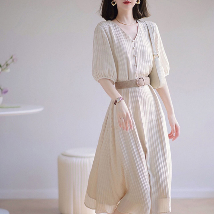 優雅知性高級感V領高腰顯瘦連身裙