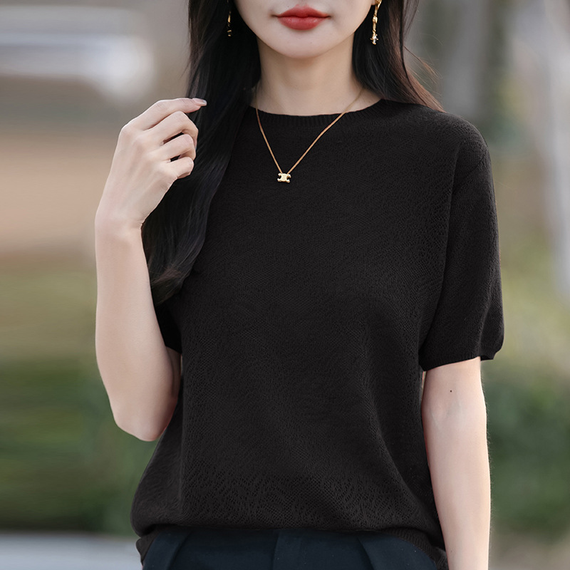 百搭套頭氣質鏤空鈎花打底針織短袖