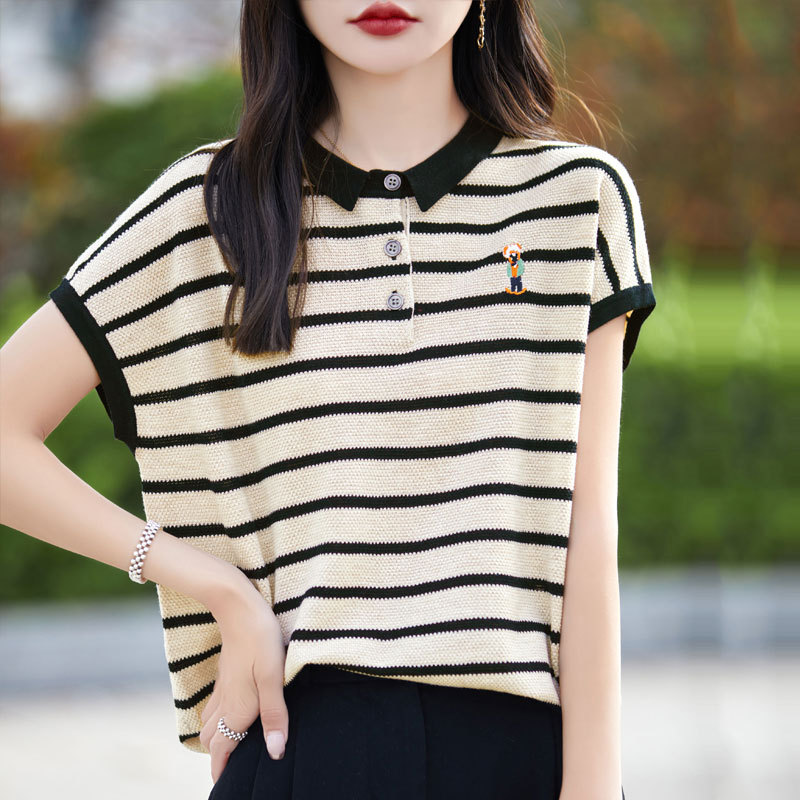 日常減齡撞色條紋Polo領小熊刺綉短袖T卹