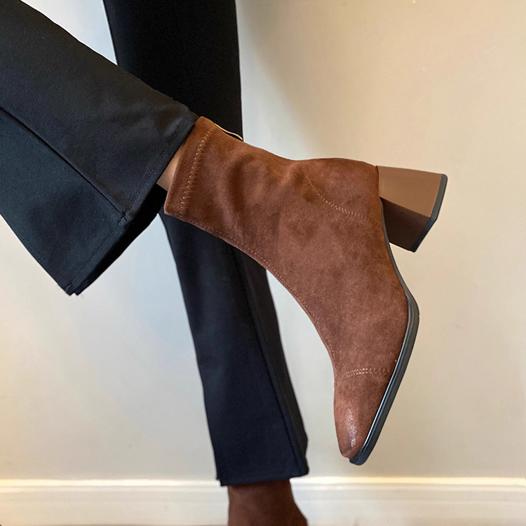 秋冬絨面美拉德粗跟短靴