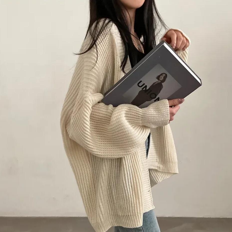 簡約純色慵懶休閒百搭中長毛衣開襟衫