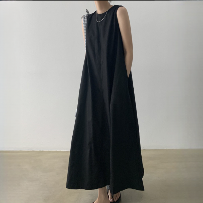 寬鬆棉麻無袖長款過膝連衣裙