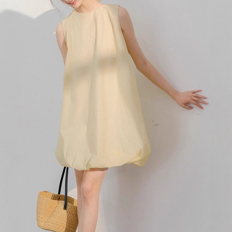 甜美度假風蓬蓬短裙小個子無袖背心花苞連身裙