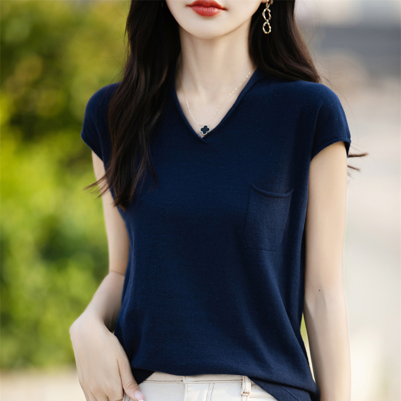 夏季新款百搭顯瘦捲邊寬鬆休閒v領純棉針織短袖