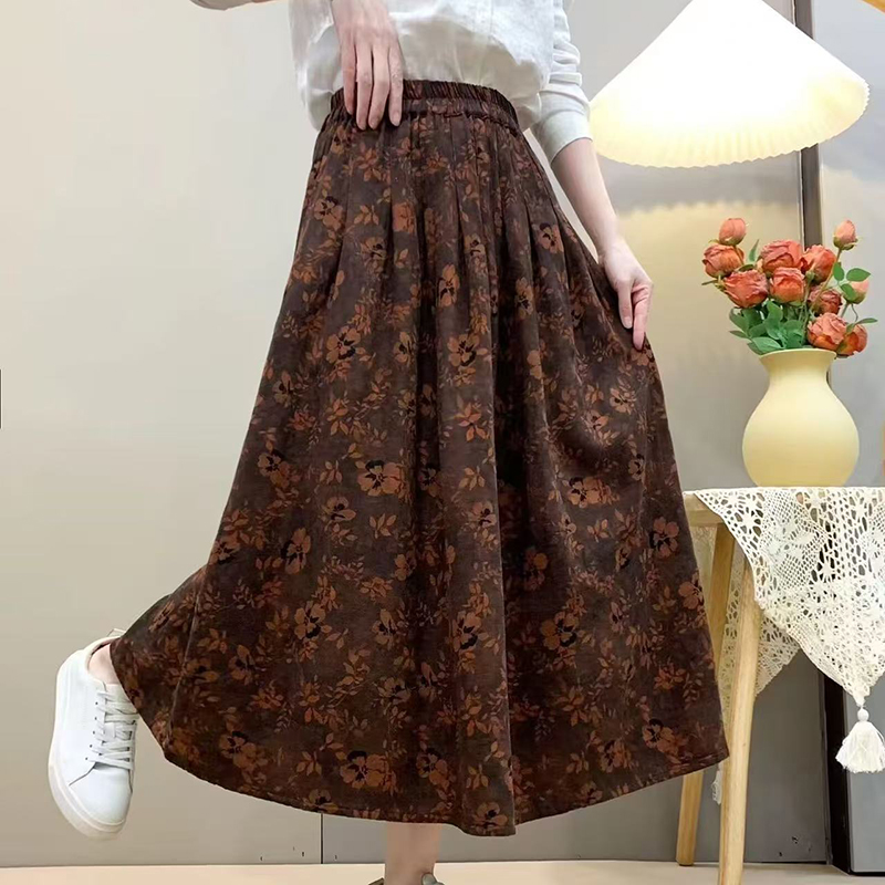 日系森女系復古小碎花高腰顯瘦磨毛A字裙