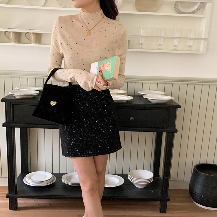 韓系氛圍感木耳邊半高領波點打底針織衫