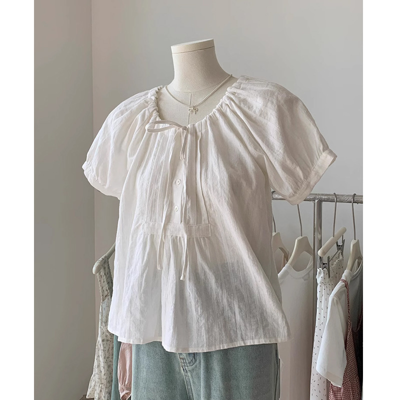 韓系棉麻娃娃領抽繩褶皺繫帶襯衫
