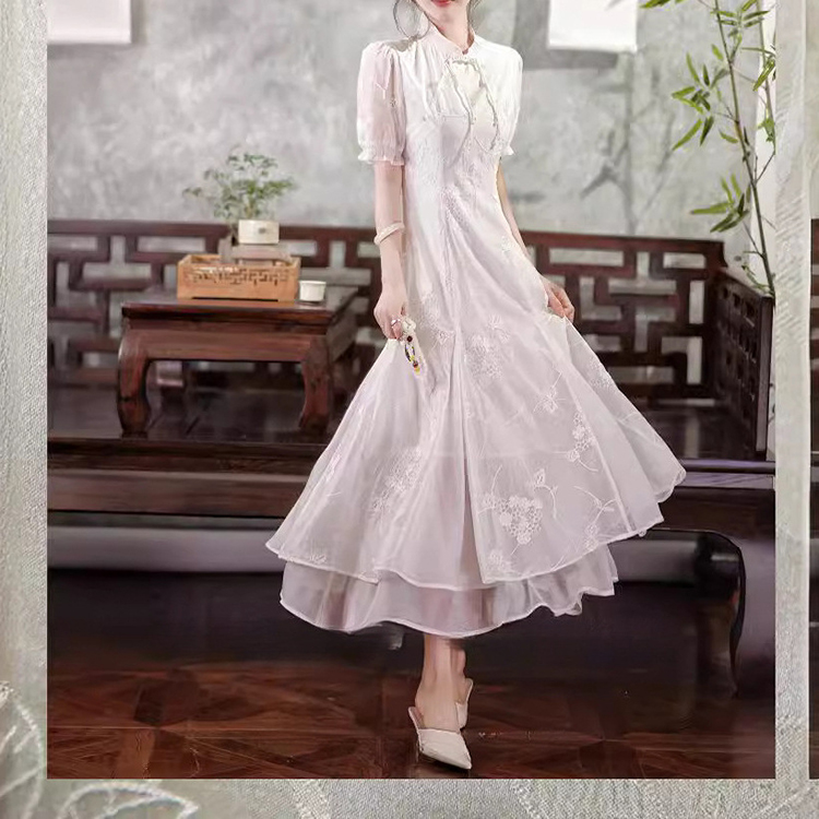 新中式國風重工刺繡顯瘦盤扣連身裙