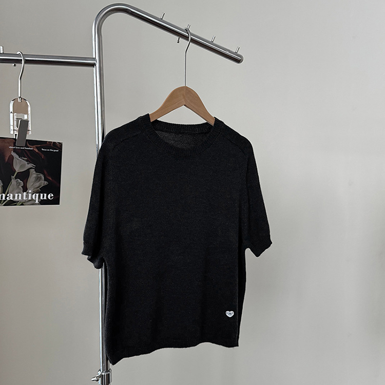 韓系簡約圓領純色條紋短袖針織衫