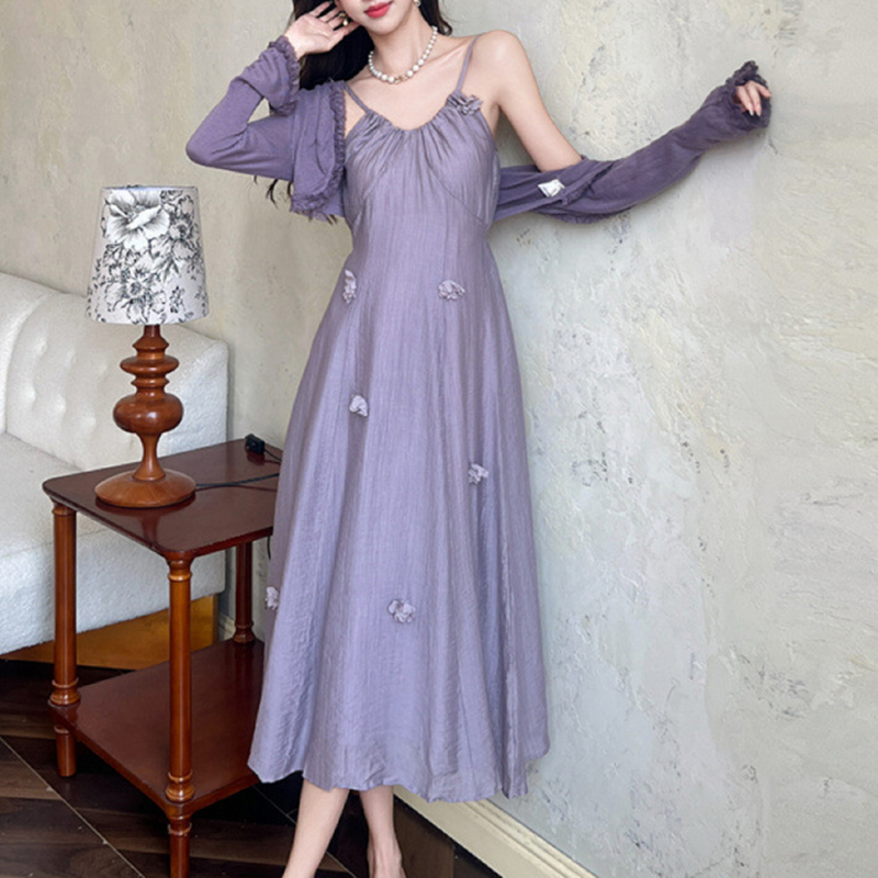 優雅淑女立體花朵吊帶裙+防曬罩衫套裝