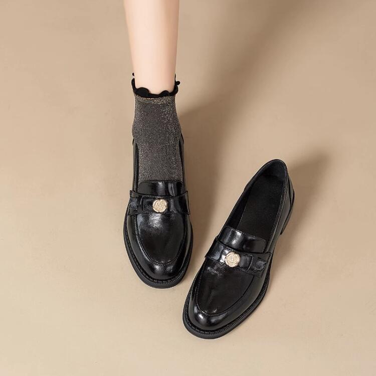 法式復古英倫山茶花軟皮小皮鞋