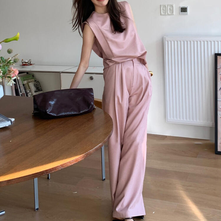 夏無袖墊肩T恤/簡約長褲（規格可選）