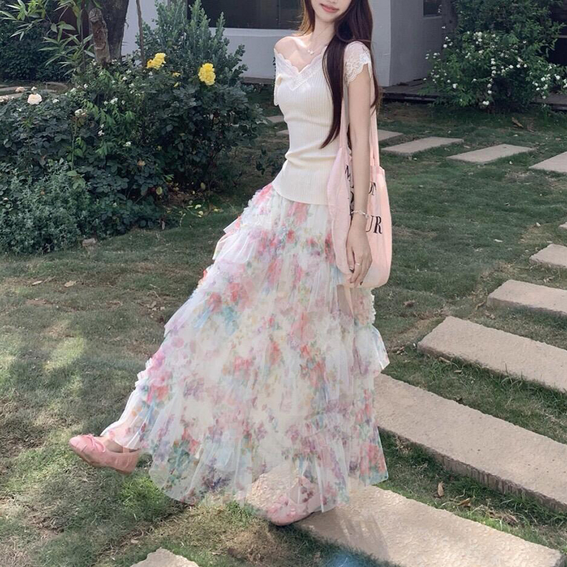 甜美溫柔風荷葉邊蛋糕裙+蕾絲針織衫套裝