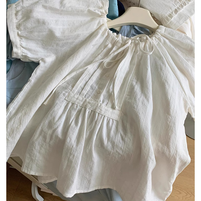 韓系棉麻娃娃領抽繩褶皺繫帶襯衫