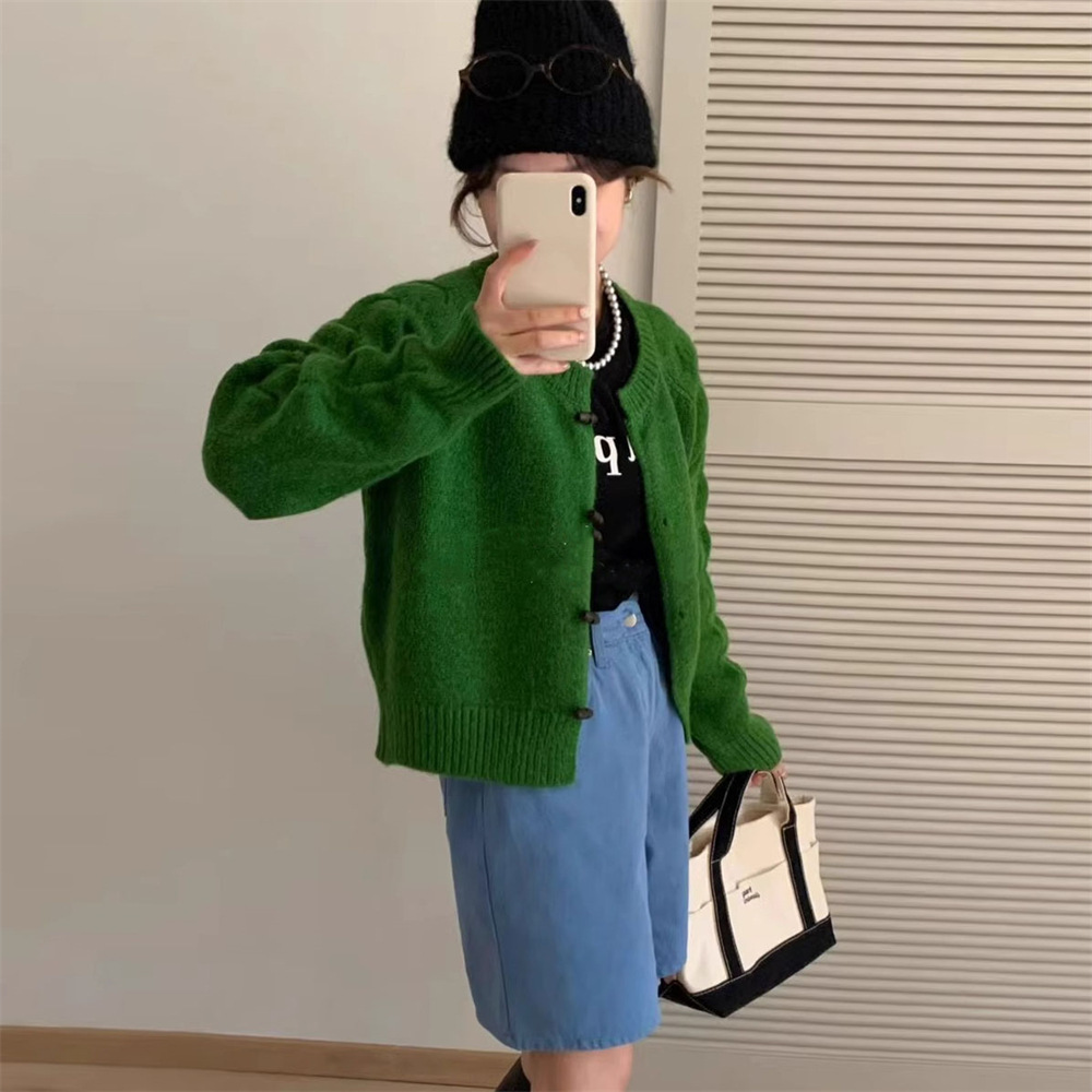 韓系百搭休閒圓領氣質針織開襟衫牛角扣毛衣
