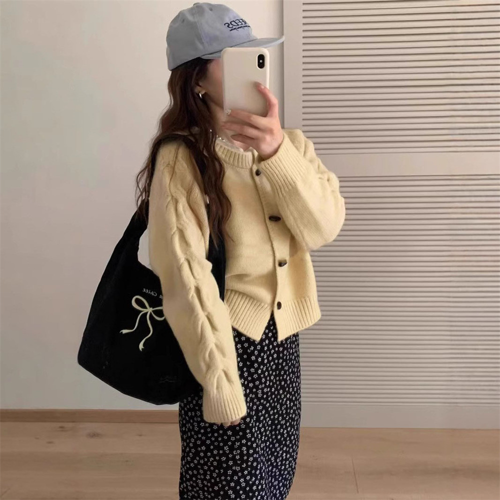 韓系百搭休閒圓領氣質針織開襟衫牛角扣毛衣