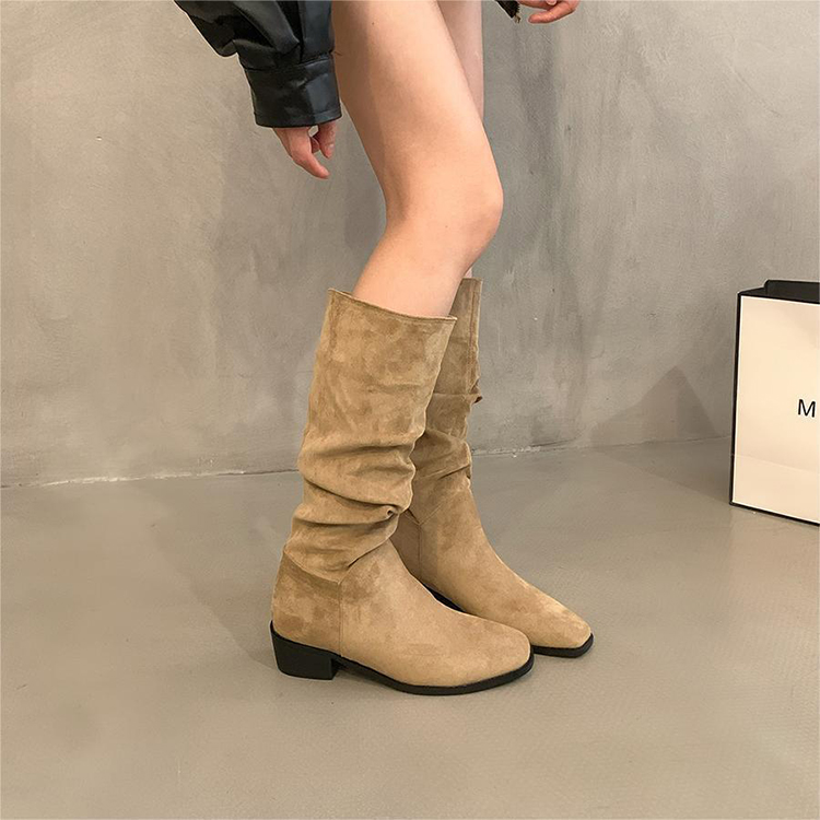 復古顯瘦粗跟絨面長靴