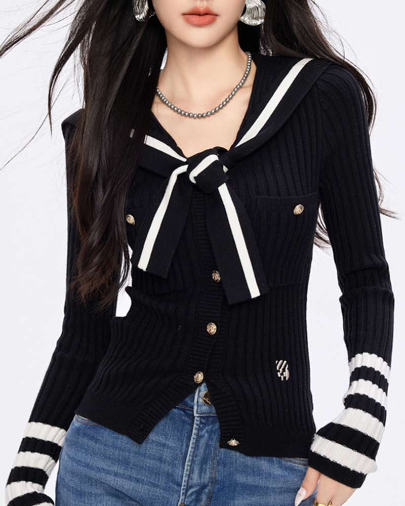 韓系撞色條紋長袖海軍領針織開衫