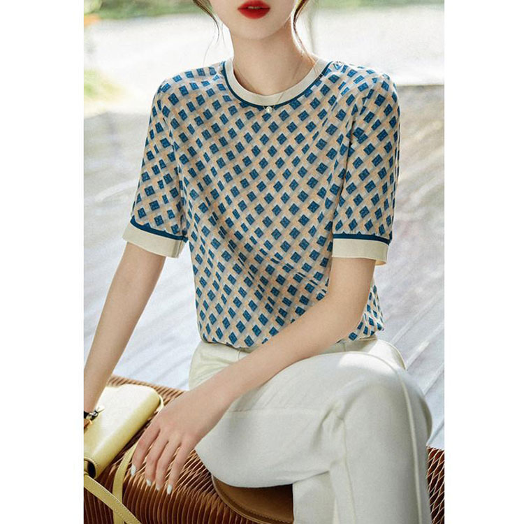 清新復古菱形格紋仿真絲T恤