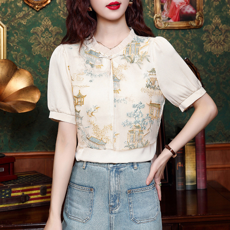 中式復古氣質顯瘦立領木耳邊歐根紗刺繡印花拼接短袖雪紡衫