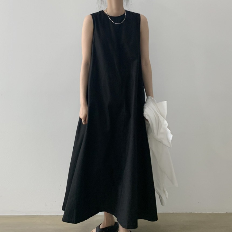 寬鬆棉麻無袖長款過膝連衣裙