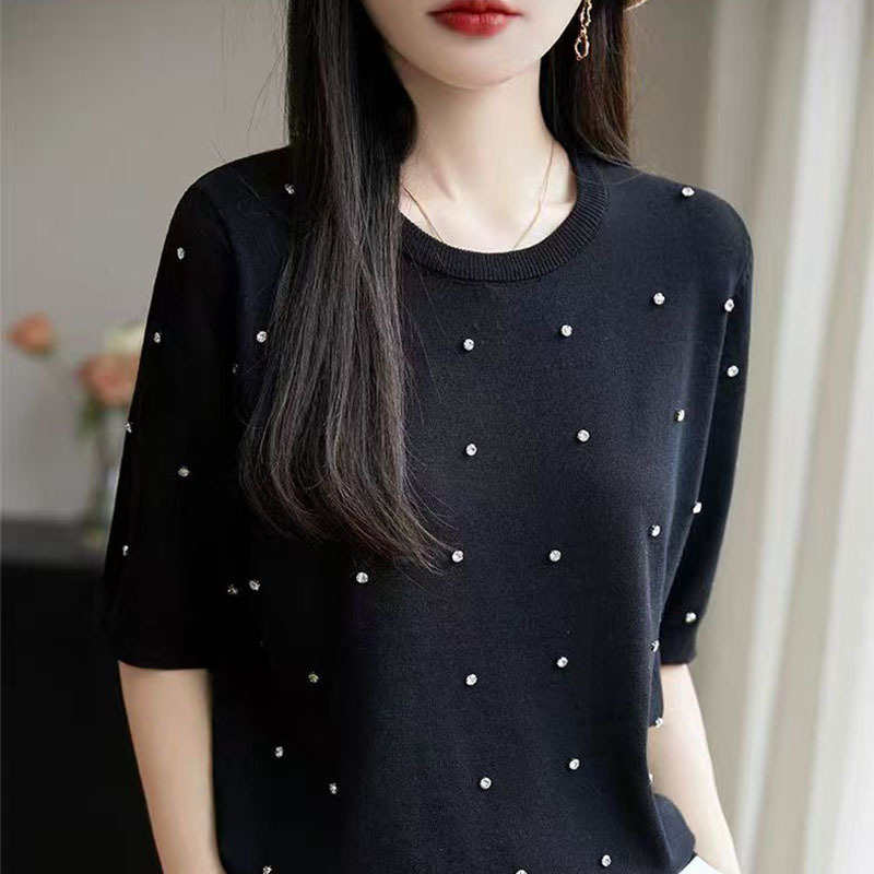 設計感釘珠純色短袖針織t卹（3色）