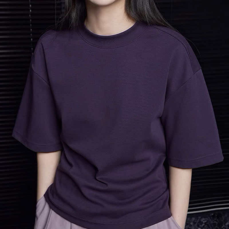 法式紫色圓領寬鬆百搭五分袖T卹