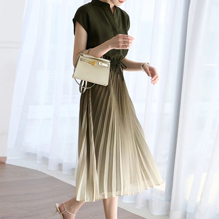 漸變色百褶飄逸蕾絲連衣裙